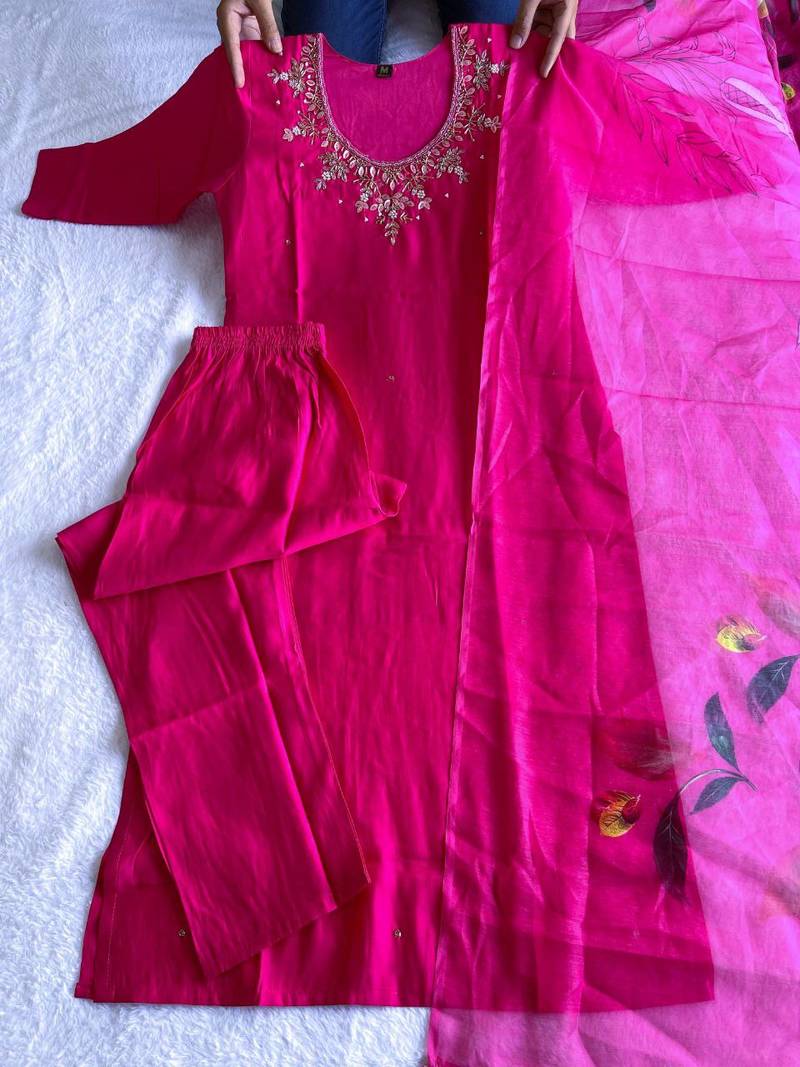 Rani Pink Colour Premium Roman Silk Hand Work A Line Kurta Set