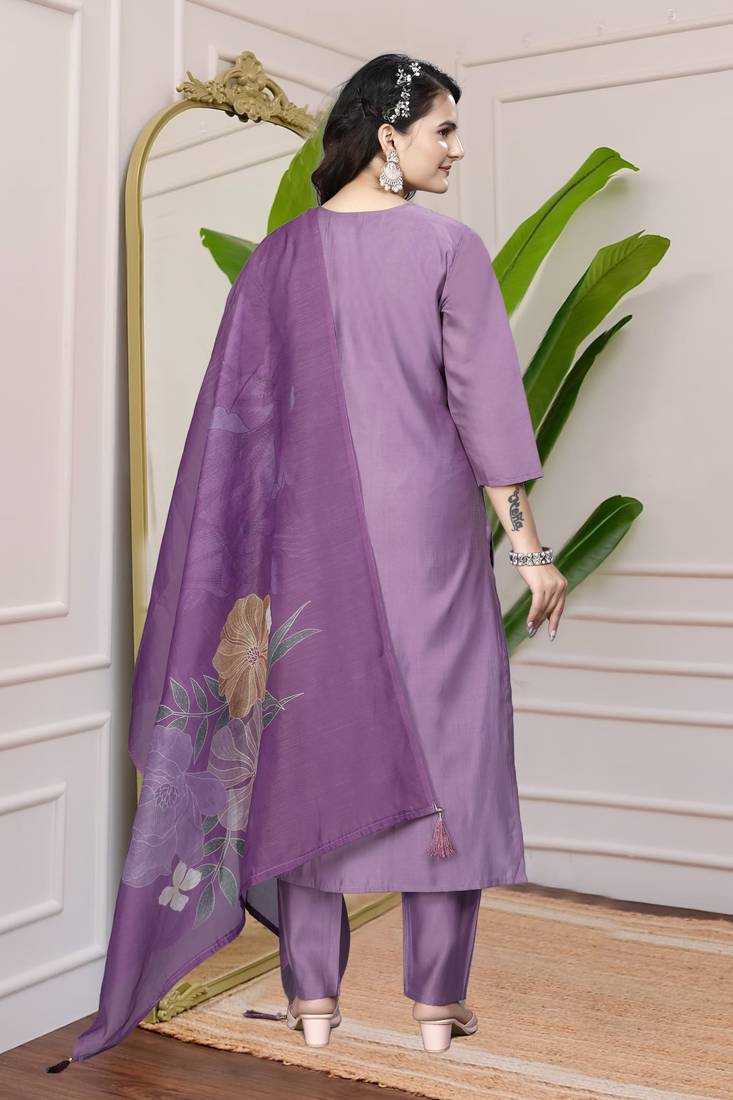 Light Purple Colour Premium Roman Silk Hand Work A Line Kurta Set