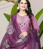 Light Wine Premium Roman Silk Hand Work A Line Kurta Set