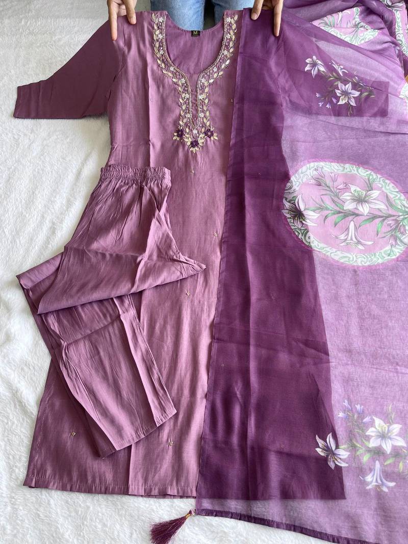 Light Wine Premium Roman Silk Hand Work A Line Kurta Set