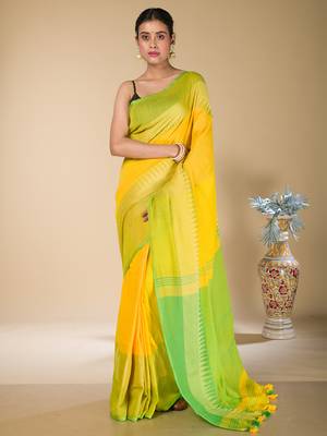 Yellow and Green Narayanpet Cotton saree 1