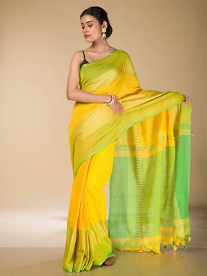 Yellow and Green Narayanpet Cotton saree 2