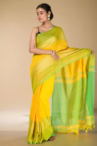 Yellow and Green Narayanpet Cotton saree