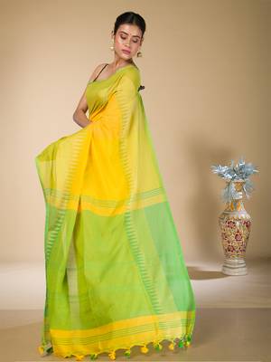 Yellow and Green Narayanpet Cotton saree 3