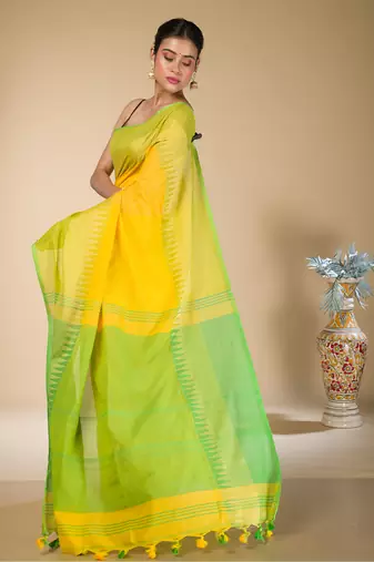 Yellow and Green Narayanpet Cotton saree