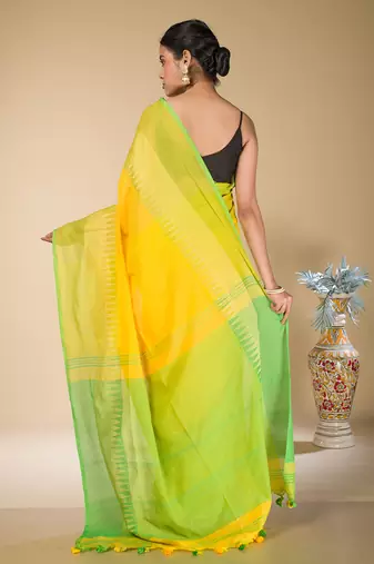 Yellow and Green Narayanpet Cotton saree