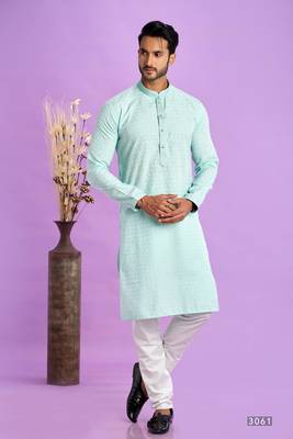 ice teal green jaqurtd art soft silk straight kurta churidar without lining fabric for men 1