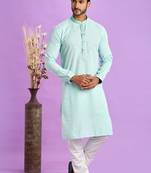 Ice teal green jaqurtd art soft silk straight kurta without lining fabric for men