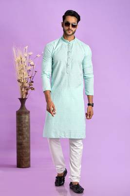 ice teal green jaqurtd art soft silk straight kurta churidar without lining fabric for men 2