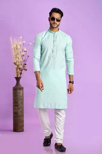 ice teal green jaqurtd art soft silk straight kurta churidar without lining fabric for men