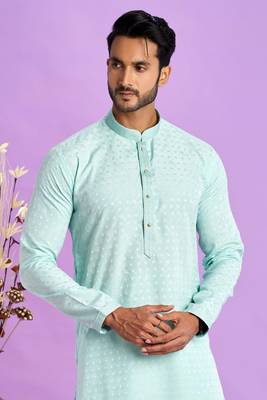 ice teal green jaqurtd art soft silk straight kurta churidar without lining fabric for men 3