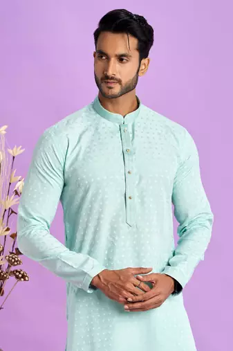 ice teal green jaqurtd art soft silk straight kurta churidar without lining fabric for men