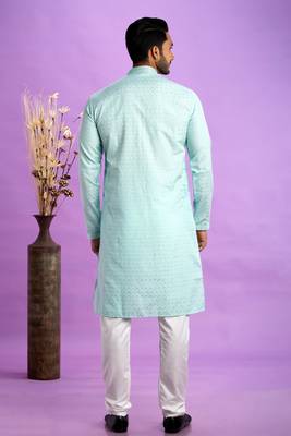 ice teal green jaqurtd art soft silk straight kurta churidar without lining fabric for men 4