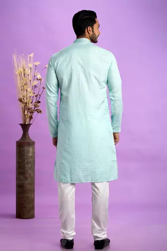 ice teal green jaqurtd art soft silk straight kurta churidar without lining fabric for men