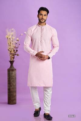 Ice pink jaqurtd art soft silk straight kurta without lining fabric for men 1
