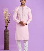 Ice pink jaqurtd art soft silk straight kurta without lining fabric for men