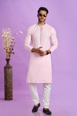 Ice pink jaqurtd art soft silk straight kurta without lining fabric for men 2