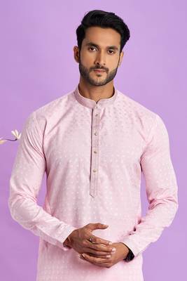 Ice pink jaqurtd art soft silk straight kurta without lining fabric for men 3