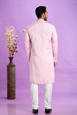 Ice pink jaqurtd art soft silk straight kurta without lining fabric for men 4