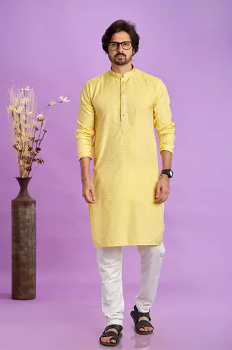 yellow  jaqurtd art soft silk straight kurta churidar without lining fabric for men