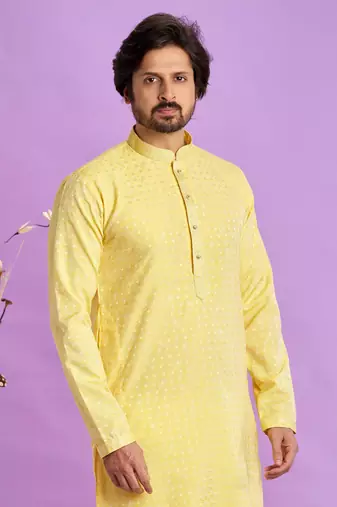 yellow  jaqurtd art soft silk straight kurta churidar without lining fabric for men