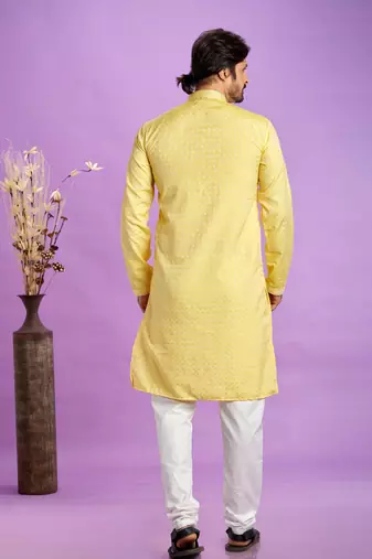 yellow  jaqurtd art soft silk straight kurta churidar without lining fabric for men