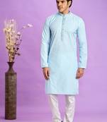 Ice blue jaqurtd art soft silk straight kurta without lining fabric for men