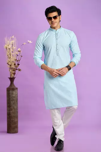 ice blue jaqurtd art soft silk straight kurta churidar without lining fabric for men