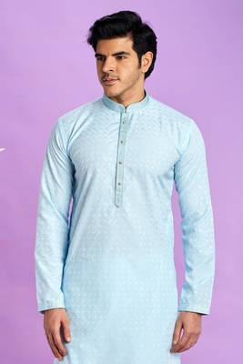 ice blue jaqurtd art soft silk straight kurta churidar without lining fabric for men 3