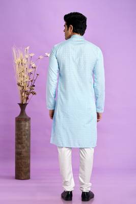 ice blue jaqurtd art soft silk straight kurta churidar without lining fabric for men 4