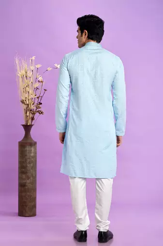 ice blue jaqurtd art soft silk straight kurta churidar without lining fabric for men