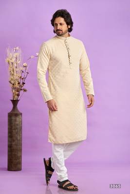 beige  jaqurtd art soft silk straight kurta churidar without lining fabric for men 1