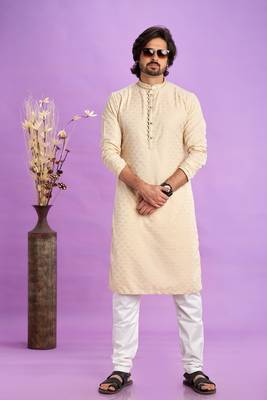 beige  jaqurtd art soft silk straight kurta churidar without lining fabric for men 2