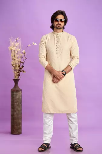 beige  jaqurtd art soft silk straight kurta churidar without lining fabric for men