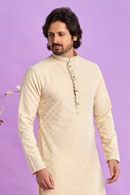 beige  jaqurtd art soft silk straight kurta churidar without lining fabric for men 3