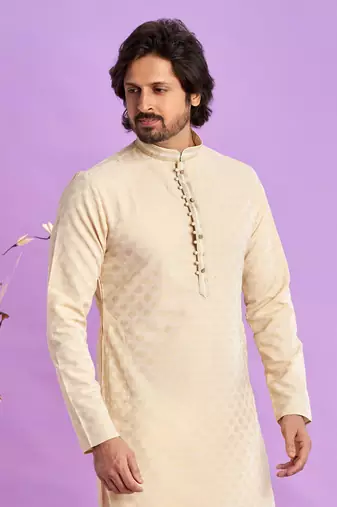 beige  jaqurtd art soft silk straight kurta churidar without lining fabric for men