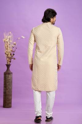 beige  jaqurtd art soft silk straight kurta churidar without lining fabric for men 4