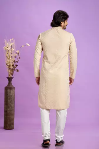 beige  jaqurtd art soft silk straight kurta churidar without lining fabric for men