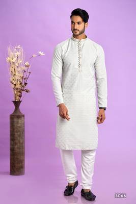light grey  jaqurtd art soft silk straight kurta churidar without lining fabric for men 1