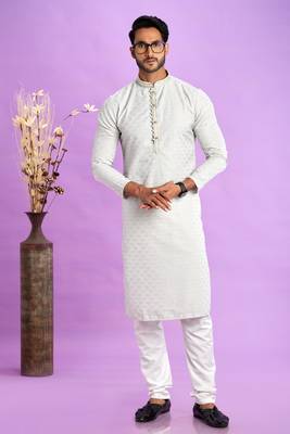 light grey  jaqurtd art soft silk straight kurta churidar without lining fabric for men 2