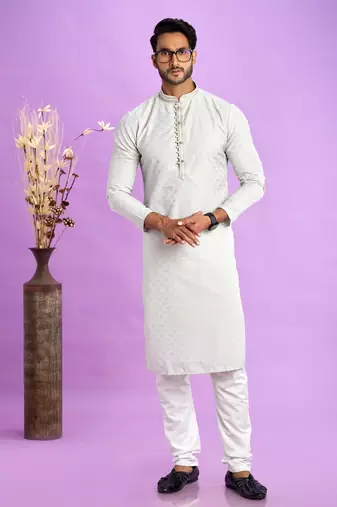 light grey  jaqurtd art soft silk straight kurta churidar without lining fabric for men