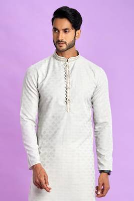 light grey  jaqurtd art soft silk straight kurta churidar without lining fabric for men 3