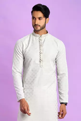 light grey  jaqurtd art soft silk straight kurta churidar without lining fabric for men