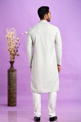 light grey  jaqurtd art soft silk straight kurta churidar without lining fabric for men 4