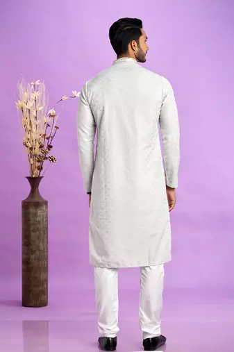 light grey  jaqurtd art soft silk straight kurta churidar without lining fabric for men