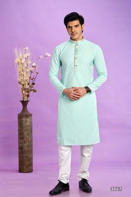 light teal green  jaqurtd art soft silk straight kurta churidar without lining fabric for men 1