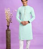 Light teal green  jaqurtd art soft silk straight kurta without lining fabric for men