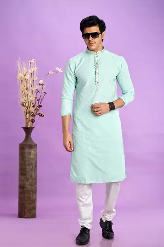 light teal green  jaqurtd art soft silk straight kurta churidar without lining fabric for men