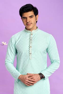light teal green  jaqurtd art soft silk straight kurta churidar without lining fabric for men 3