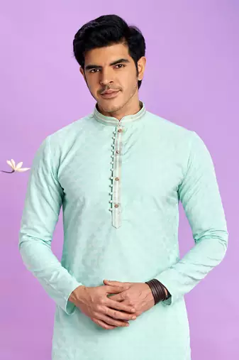 light teal green  jaqurtd art soft silk straight kurta churidar without lining fabric for men